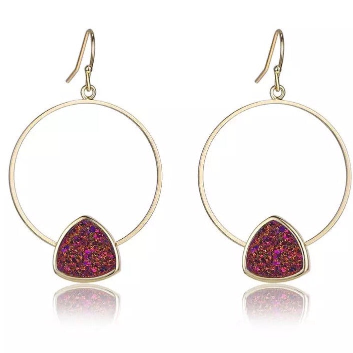 A pair of Triangle Druzy Hoops earrings featuring sparkling druzy stones in a hoop design, perfect for adding elegance to any outfit.