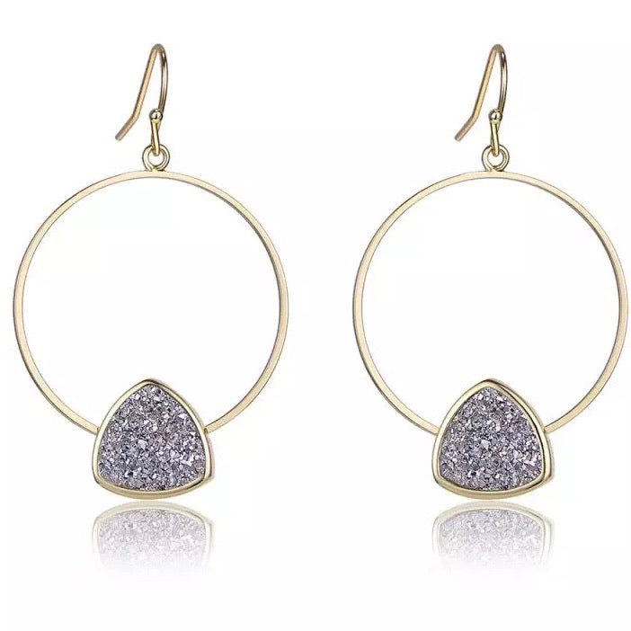 A pair of Triangle Druzy Hoops earrings featuring sparkling druzy stones in a hoop design, perfect for adding elegance to any outfit.