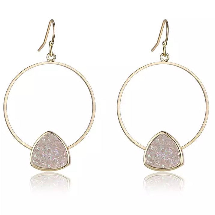 A pair of Triangle Druzy Hoops earrings featuring sparkling druzy stones in a hoop design, perfect for adding elegance to any outfit.