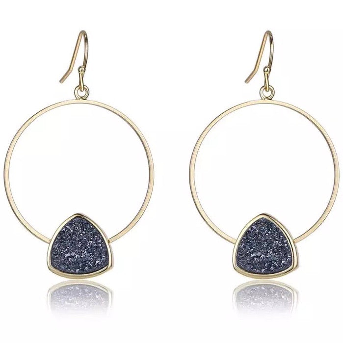 A pair of Triangle Druzy Hoops earrings featuring sparkling druzy stones in a hoop design, perfect for adding elegance to any outfit.