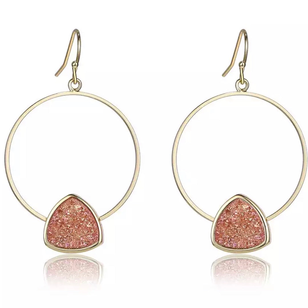 A pair of Triangle Druzy Hoops earrings featuring sparkling druzy stones in a hoop design, perfect for adding elegance to any outfit.