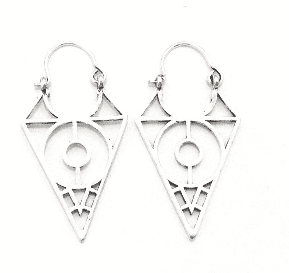 A pair of stylish brass triangle earrings featuring an Aztec design, perfect for everyday wear.