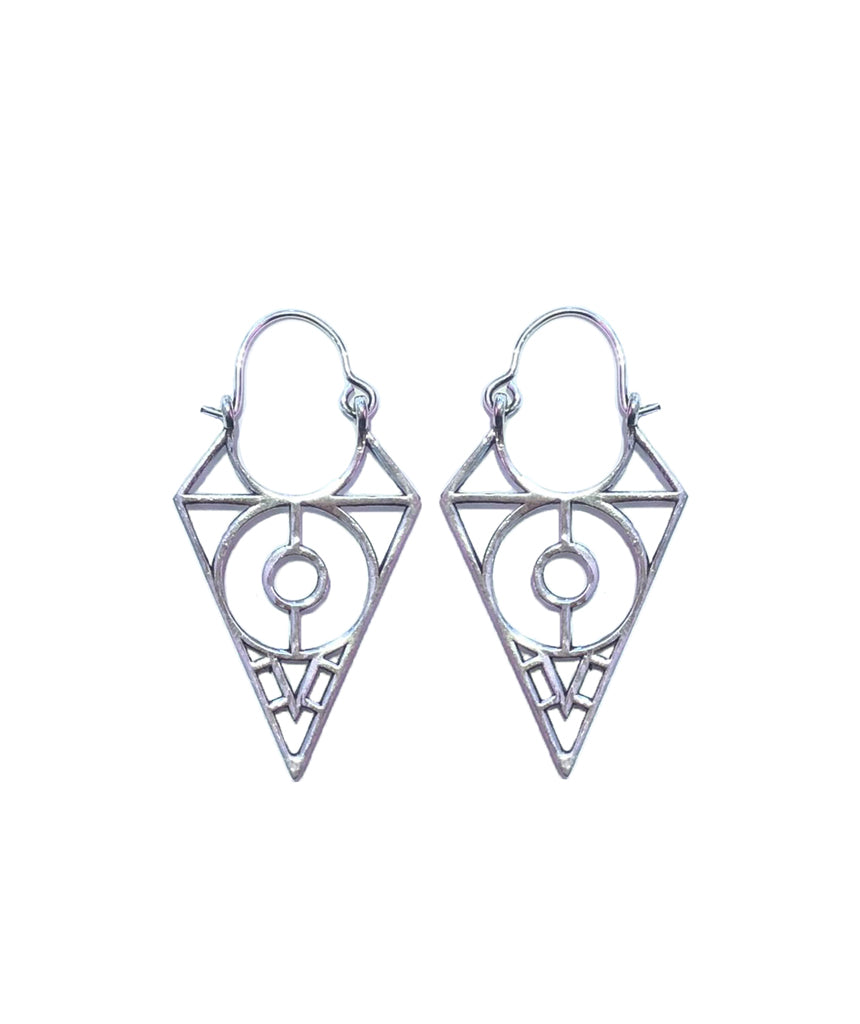 A pair of stylish brass triangle earrings featuring an Aztec design, perfect for everyday wear.