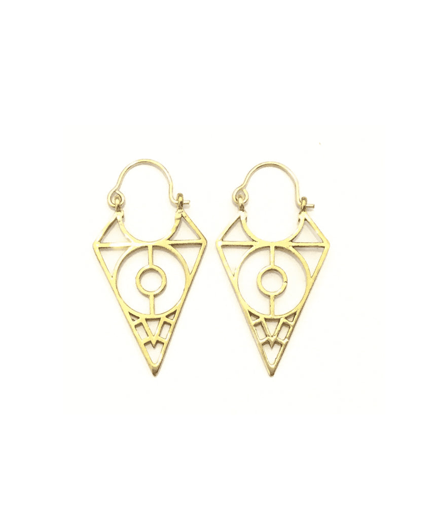 A pair of stylish brass triangle earrings featuring an Aztec design, perfect for everyday wear.