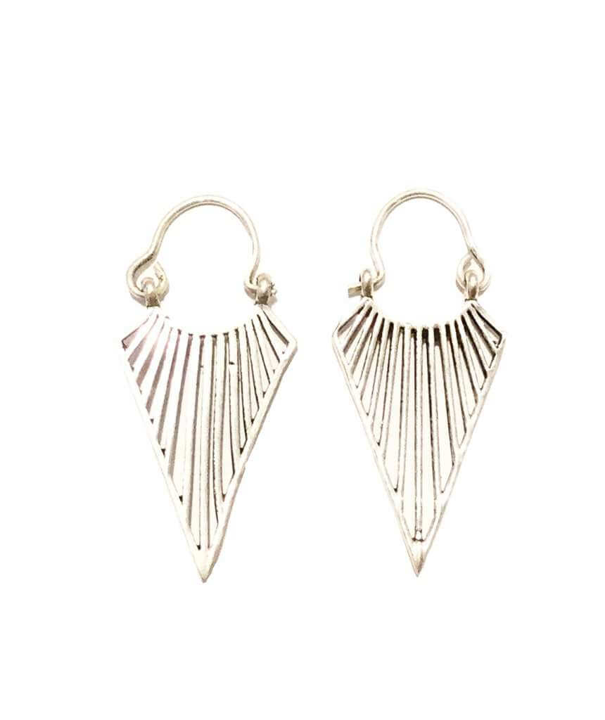 A pair of elegant triangular statement earrings with a lined design, handmade from brass and available in silver and gold plating.