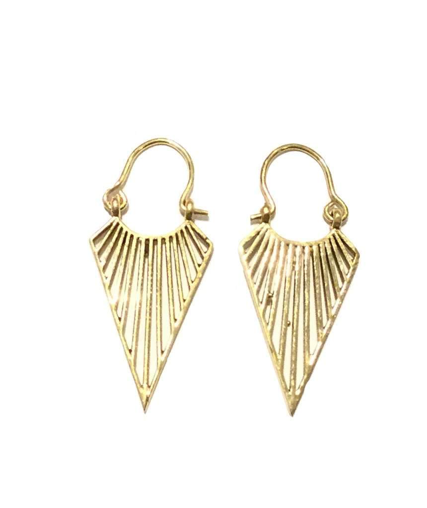 A pair of elegant triangular statement earrings with a lined design, handmade from brass and available in silver and gold plating.