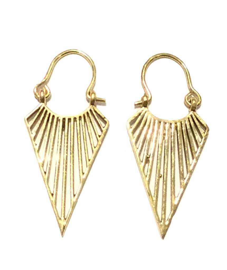 A pair of elegant triangular statement earrings with a lined design, handmade from brass and available in silver and gold plating.