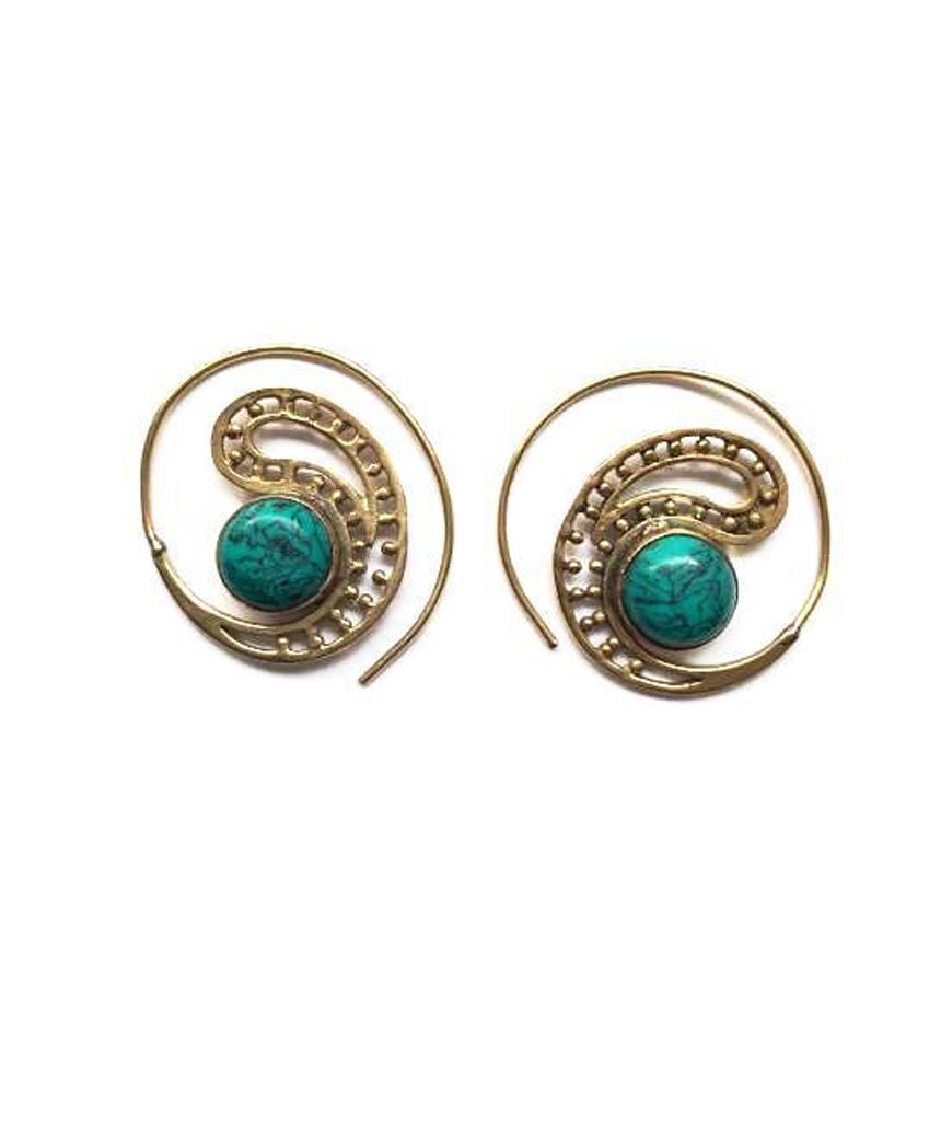 Handmade brass tribal earrings featuring semi-precious stones, designed for sensitive skin with hypoallergenic hooks.