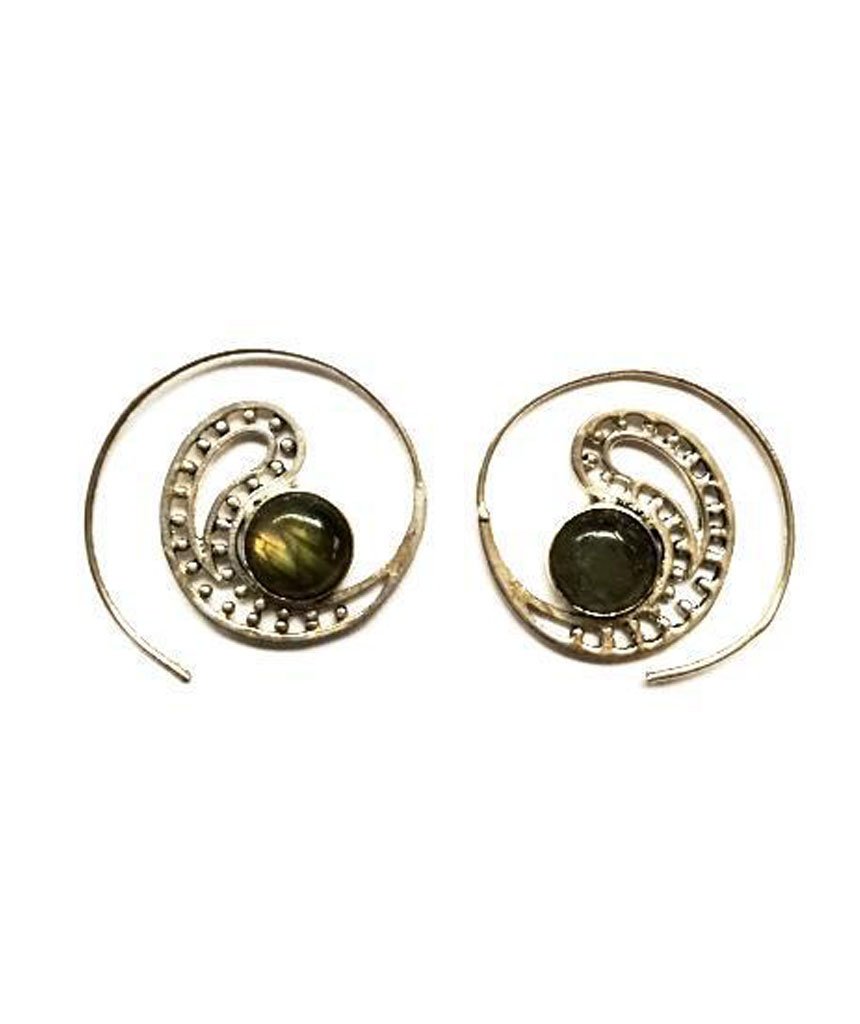 Handmade brass tribal earrings featuring semi-precious stones, designed for sensitive skin with hypoallergenic hooks.