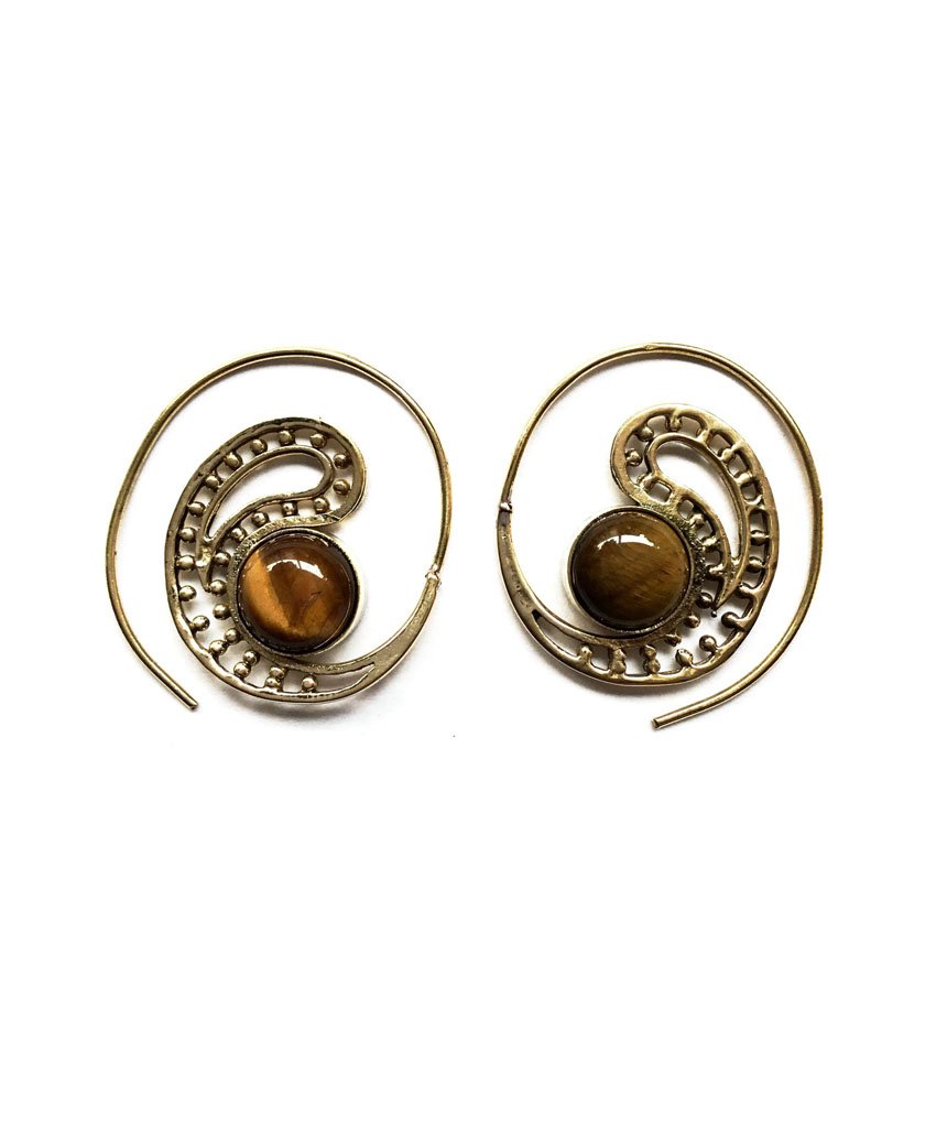 Handmade brass tribal earrings featuring semi-precious stones, designed for sensitive skin with hypoallergenic hooks.