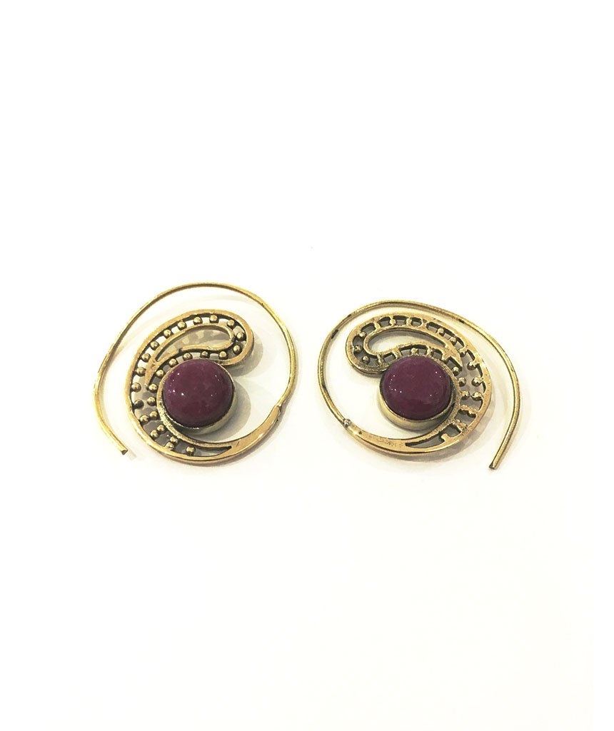 Handmade brass tribal earrings featuring semi-precious stones, designed for sensitive skin with hypoallergenic hooks.