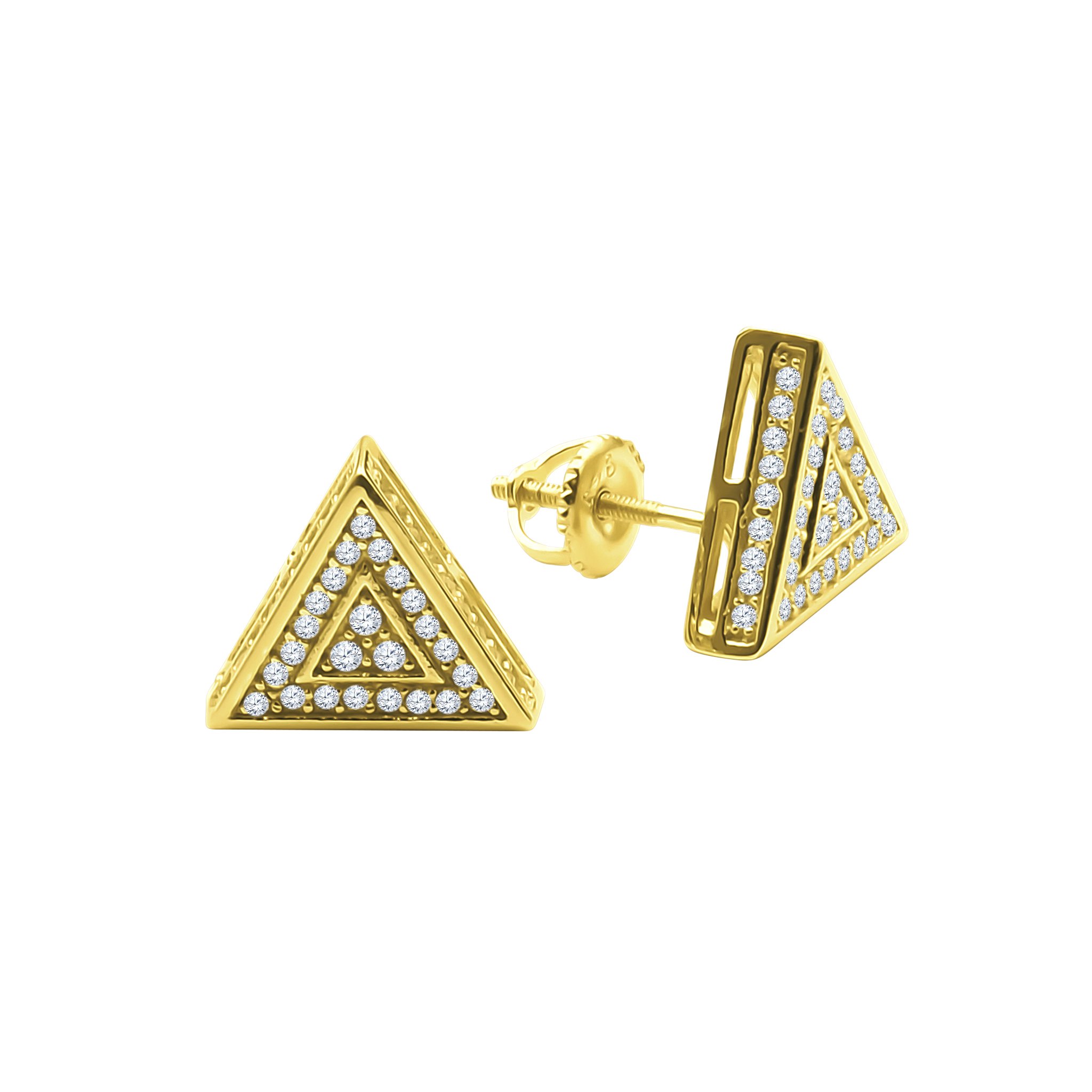 A pair of elegant Trigonal Screw Back earrings featuring sparkling cubic zircon stones set in brass copper metal.