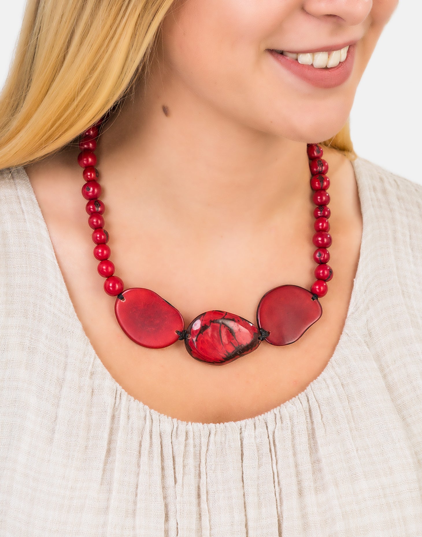 Trio Marble Slice Adjustable Necklace featuring tagua nut and acai seed slices, showcasing its unique design and adjustable macrame clasp.