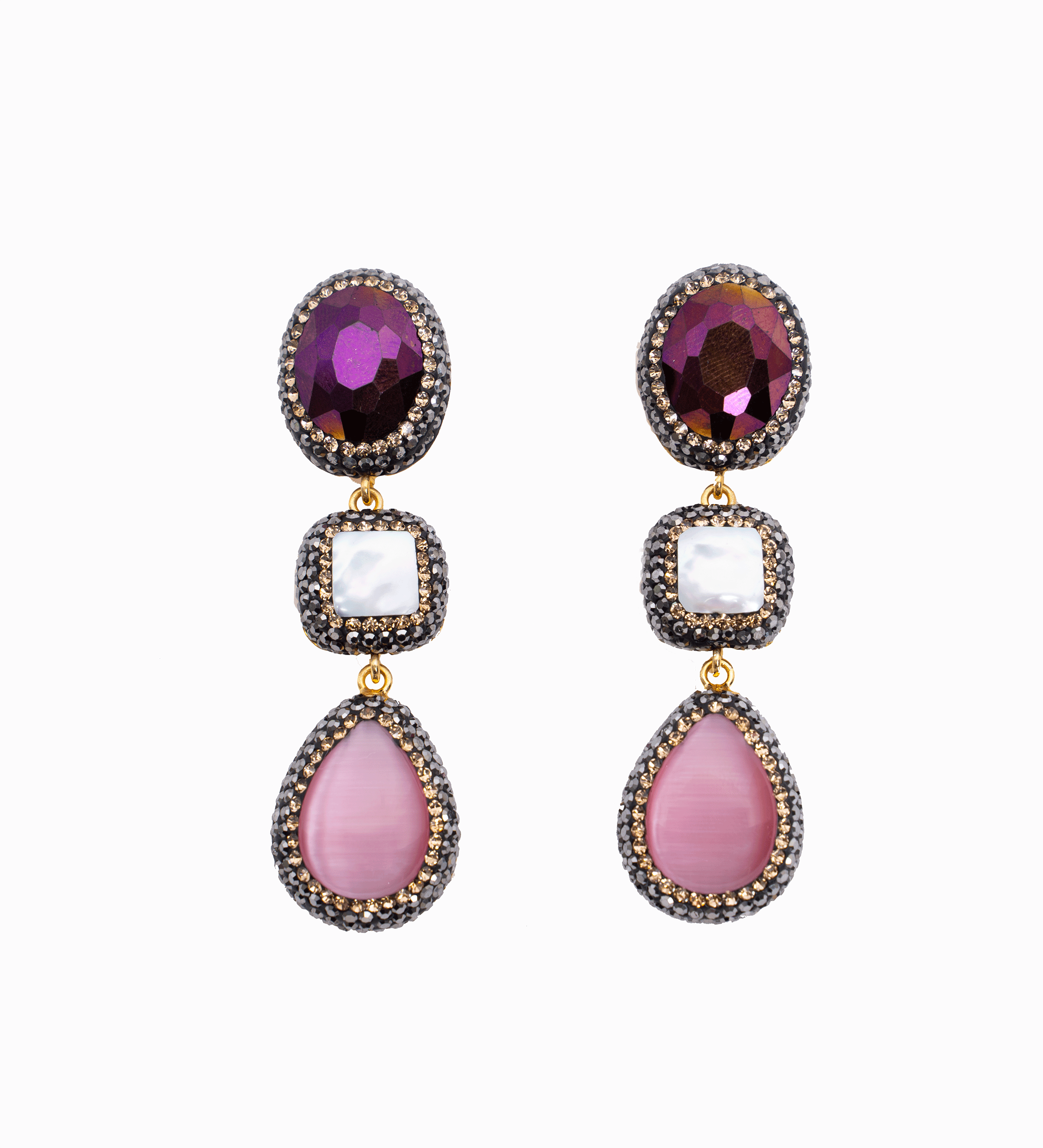 Elegant TRIPLE Drop Earrings made of 925 Sterling Silver with yellow gold plating, featuring Pink Cats Eye, Pearl, and Hematite stones.