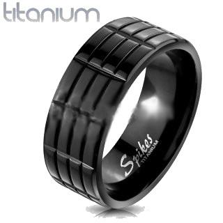 Triple Grooved Solid Titanium Black IP Band Ring, 8mm wide, size 10, showcasing a modern design with a sleek black finish.