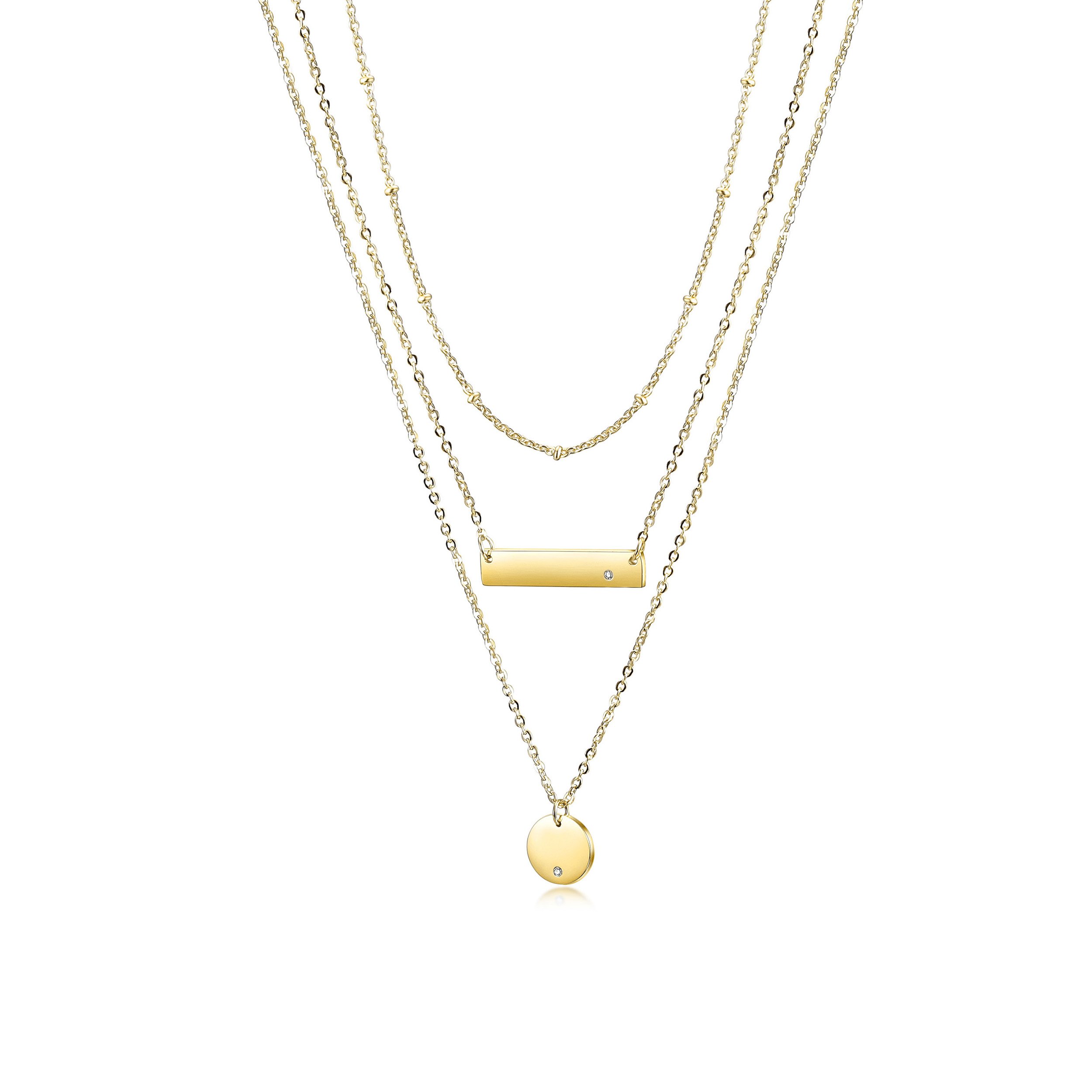 Triple Layer Pendant Necklace made of 316L surgical stainless steel with 14K gold PVD plating, showcasing its elegant design.