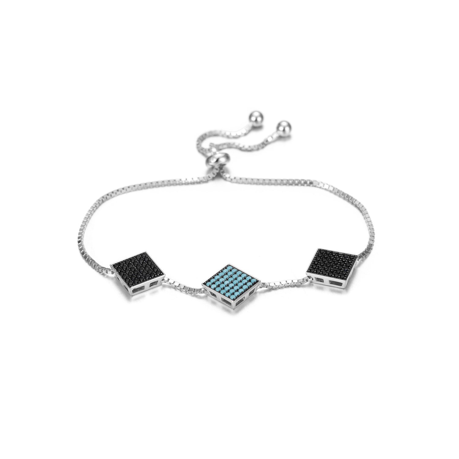 A stylish sterling silver bracelet featuring three modern 2D square charms, elegantly displayed in a gift box.