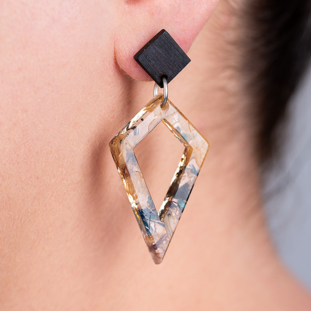 Trixie Elegant Statement Resin Earrings made from recycled skateboard wood shavings and plant resin, showcasing unique colors and patterns.