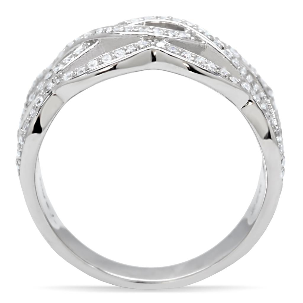 TS010 Rhodium 925 Sterling Silver Ring featuring a clear AAA Grade CZ stone, showcasing its elegant design and high-quality finish.