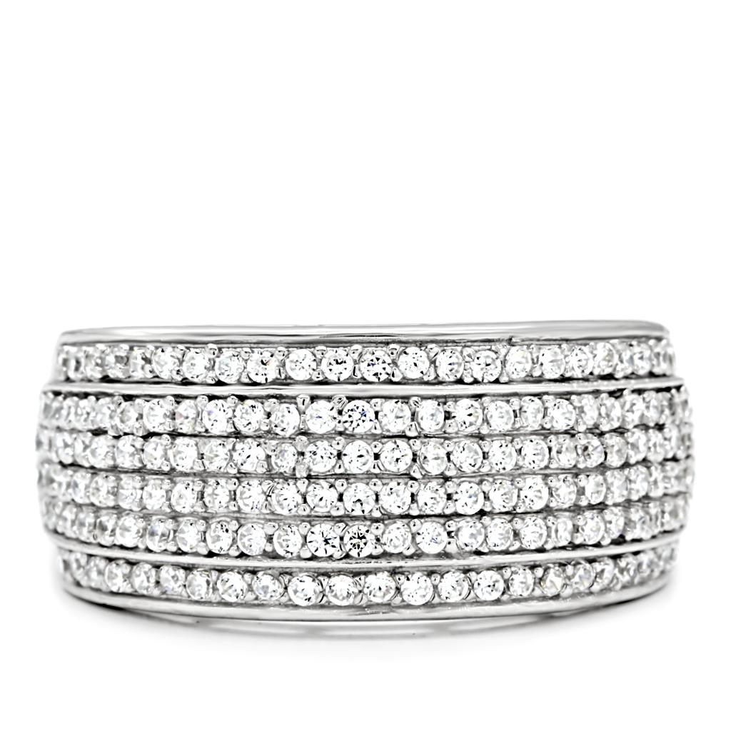 TS012 Rhodium 925 Sterling Silver Ring featuring a clear AAA Grade CZ stone, showcasing a sleek and elegant design.