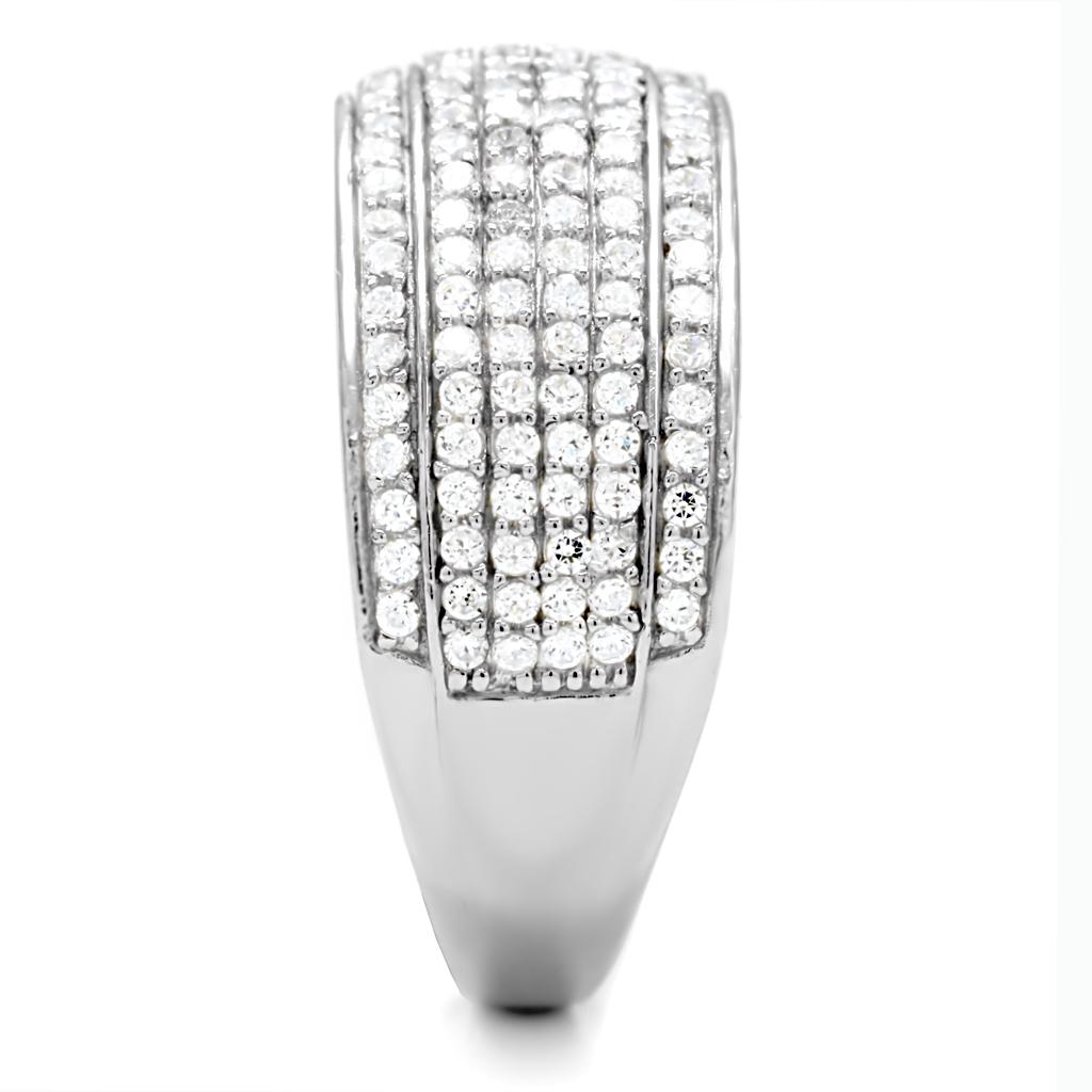 TS012 Rhodium 925 Sterling Silver Ring featuring a clear AAA Grade CZ stone, showcasing a sleek and elegant design.