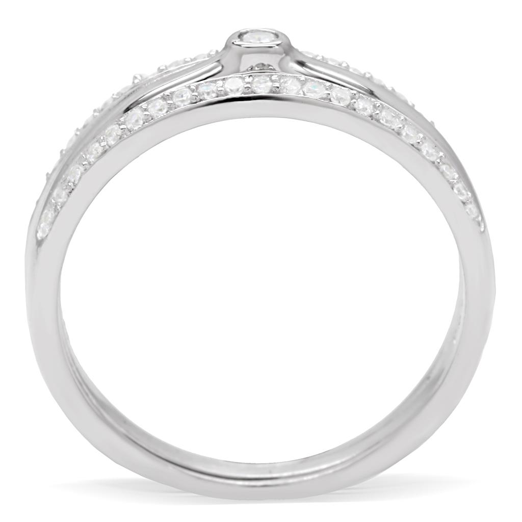 TS013 Rhodium 925 Sterling Silver Ring featuring a clear AAA Grade CZ stone, showcasing its elegant design and shiny finish.