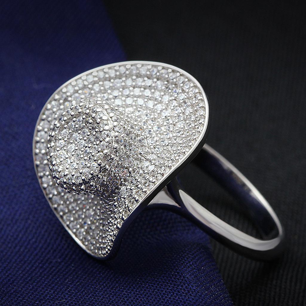 TS015 Rhodium 925 Sterling Silver Ring featuring AAA Grade clear CZ stone, showcasing its elegant design and polished finish.