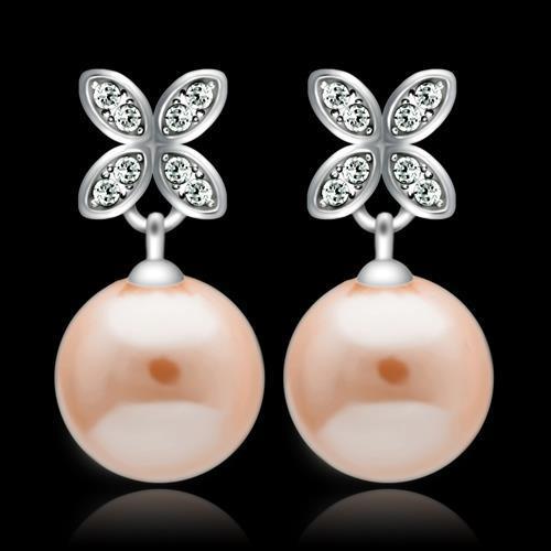 TS040 Rhodium 925 Sterling Silver Earrings featuring a light rose synthetic pearl, showcasing elegance and shine.