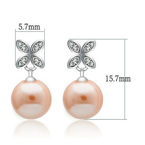 TS040 Rhodium 925 Sterling Silver Earrings featuring a light rose synthetic pearl, showcasing elegance and shine.