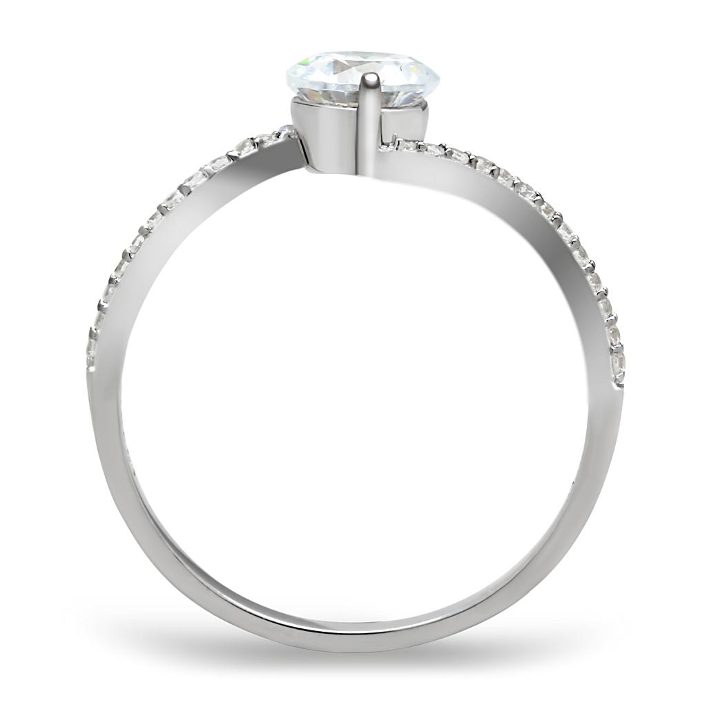 TS045 Rhodium 925 Sterling Silver Ring featuring a clear AAA Grade CZ stone, showcasing its elegant design and shiny finish.