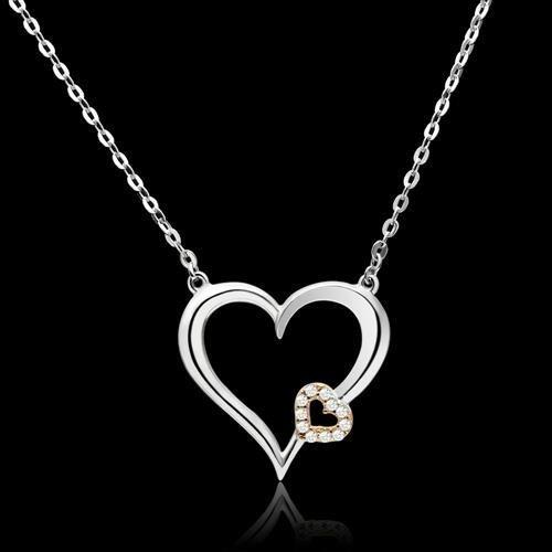 TS061 Rose Gold and Rhodium 925 Sterling Silver Necklace featuring a clear AAA Grade CZ stone, elegantly designed for any occasion.