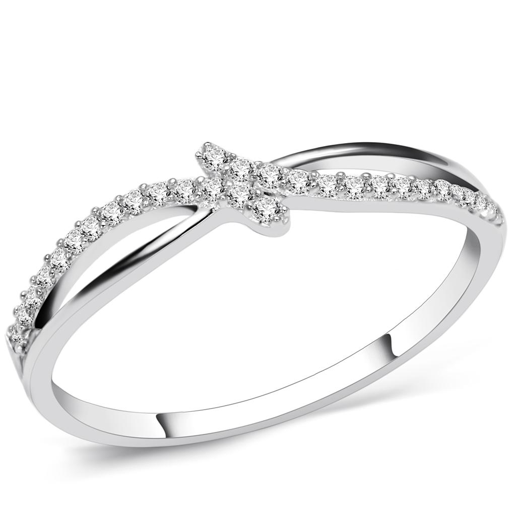 TS074 Rhodium 925 Sterling Silver Ring featuring a clear AAA grade cubic zirconia stone, showcasing elegance and shine.