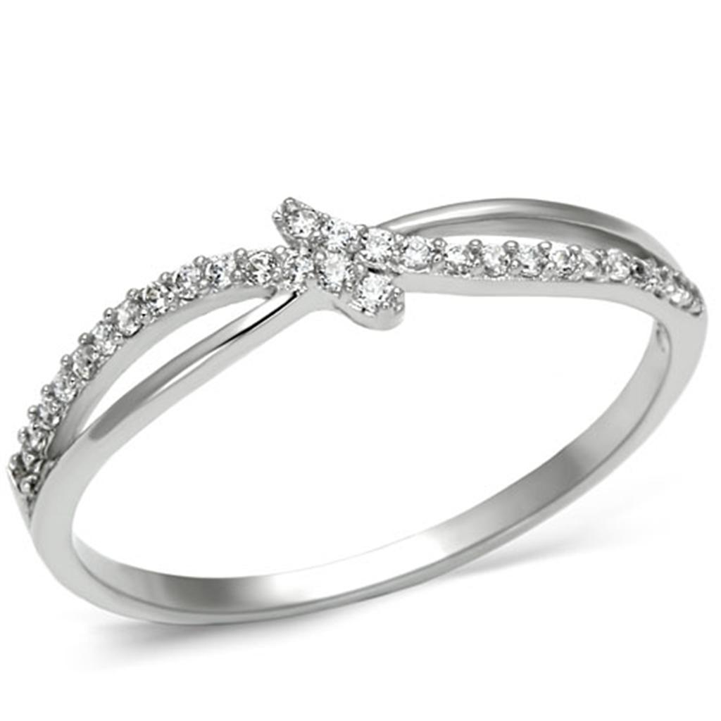 TS074 Rhodium 925 Sterling Silver Ring featuring a clear AAA grade cubic zirconia stone, showcasing elegance and shine.