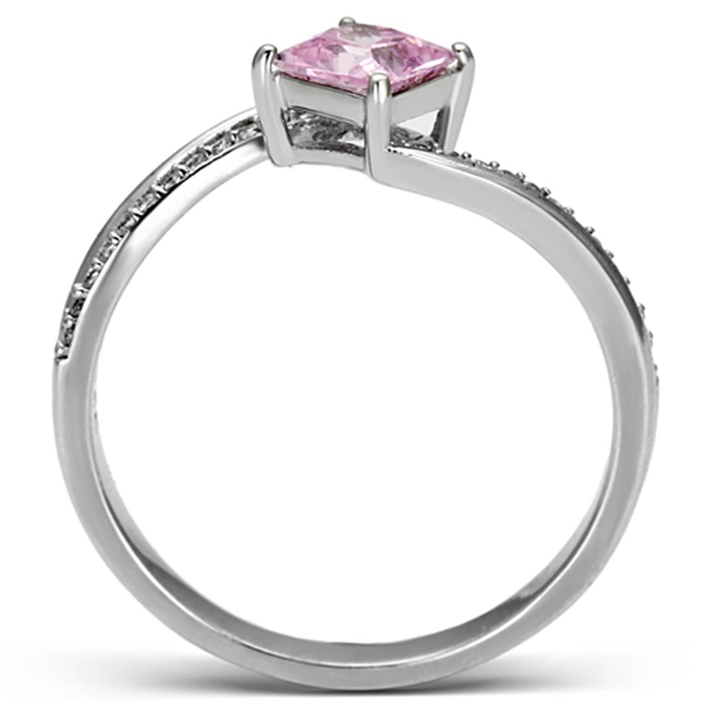 TS100 Rhodium 925 Sterling Silver Ring featuring a rose-colored AAA Grade CZ stone, showcasing its elegant design and high-quality materials.