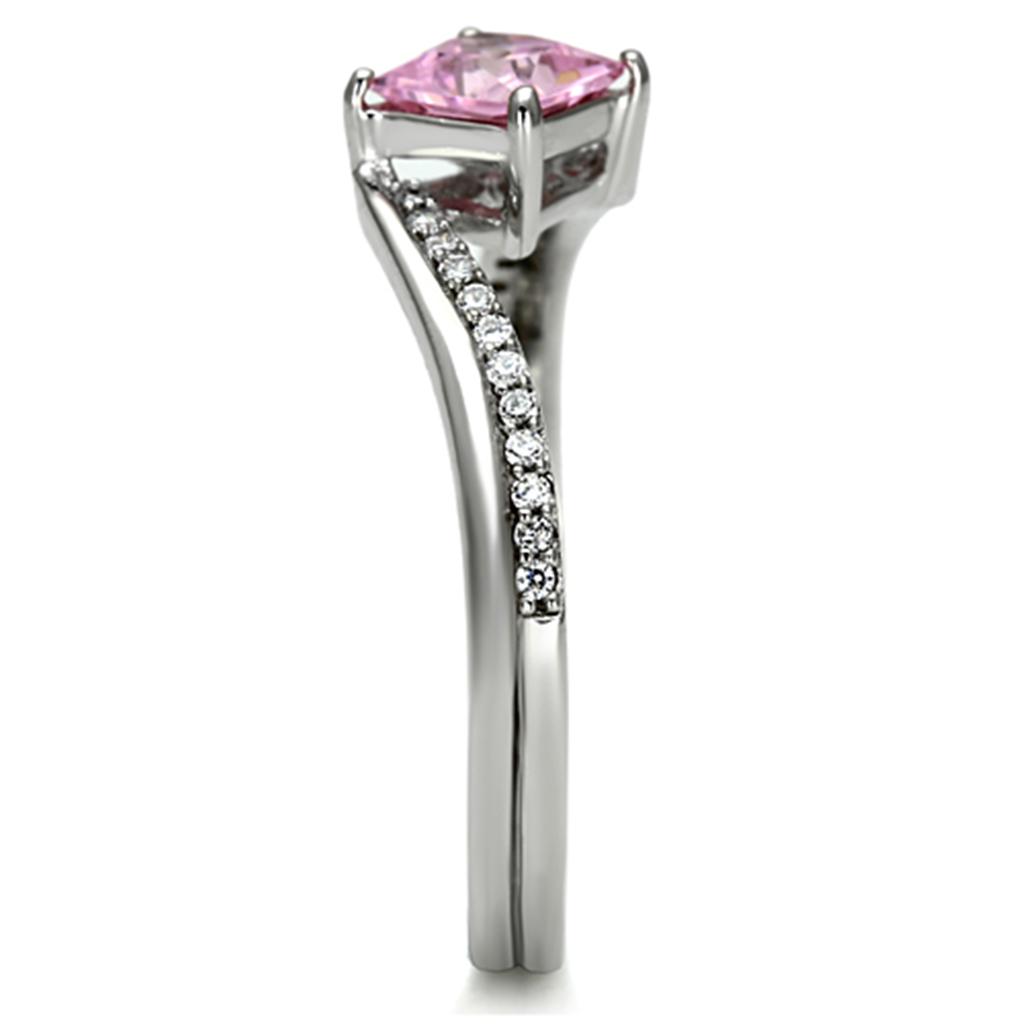 TS100 Rhodium 925 Sterling Silver Ring featuring a rose-colored AAA Grade CZ stone, showcasing its elegant design and high-quality materials.