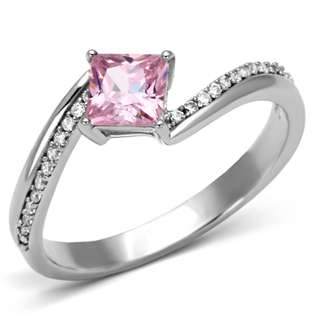 TS100 Rhodium 925 Sterling Silver Ring featuring a rose-colored AAA Grade CZ stone, showcasing its elegant design and high-quality materials.