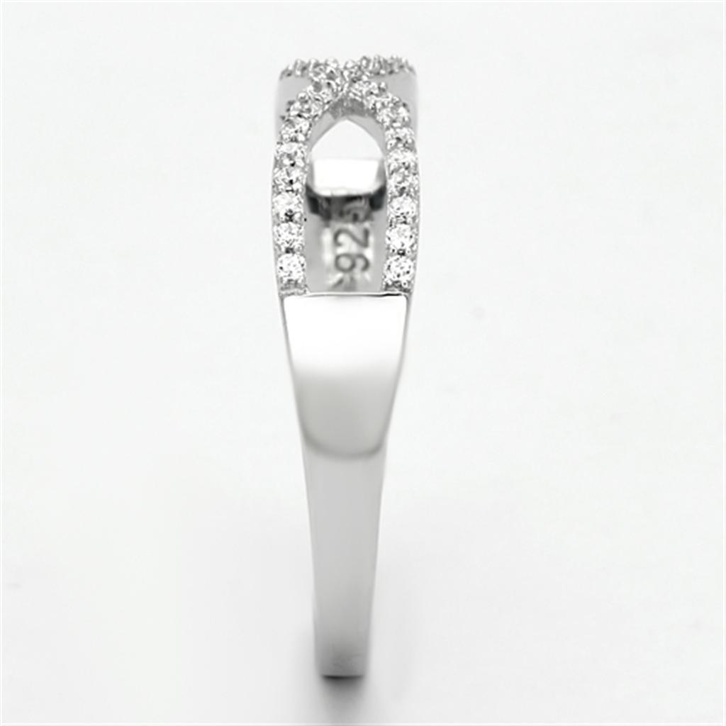 TS107 Rhodium 925 Sterling Silver Ring featuring a clear AAA Grade CZ stone, showcasing its elegant design and shiny finish.