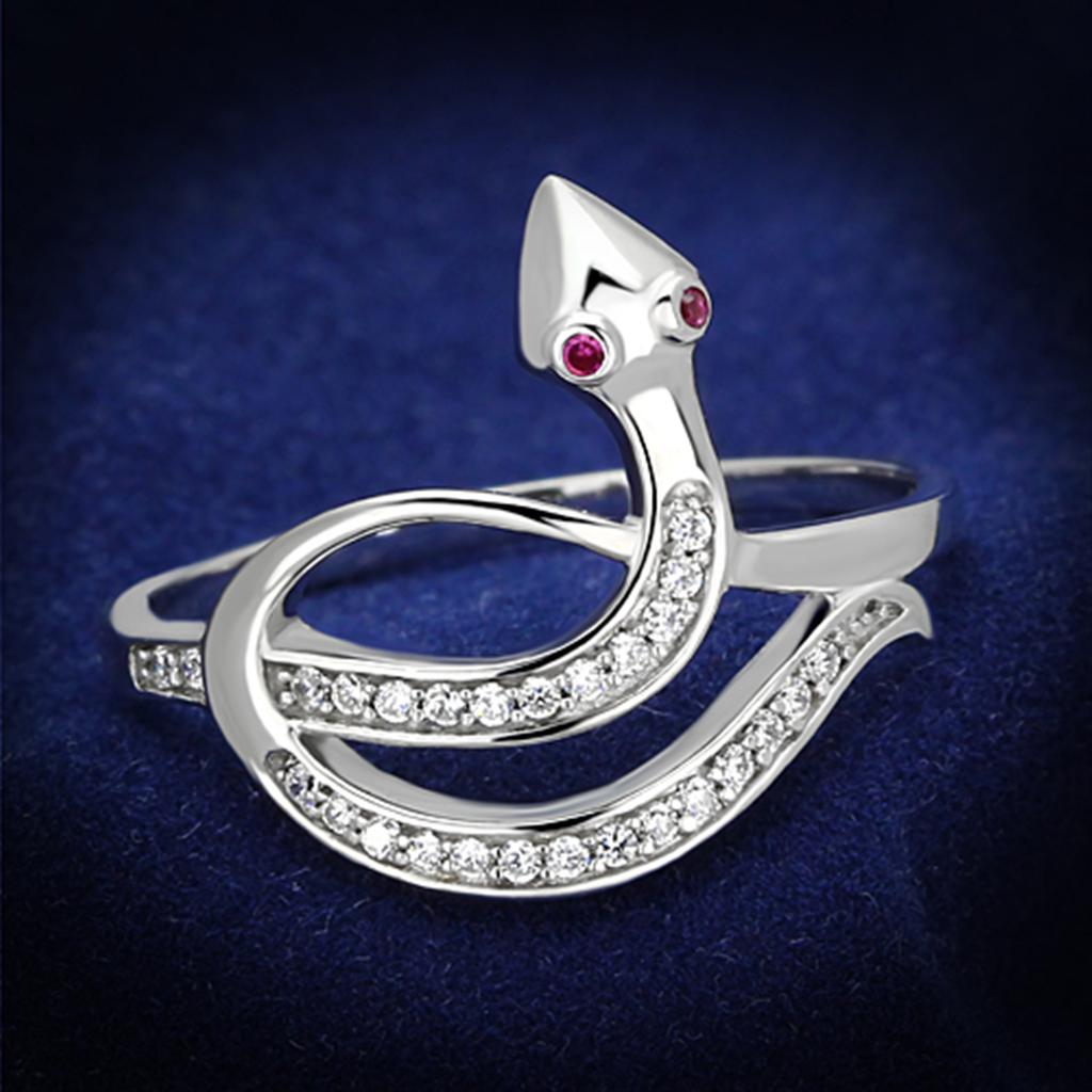 TS123 Rhodium 925 Sterling Silver Ring featuring AAA Grade CZ in Ruby, showcasing its elegant design and vibrant color.