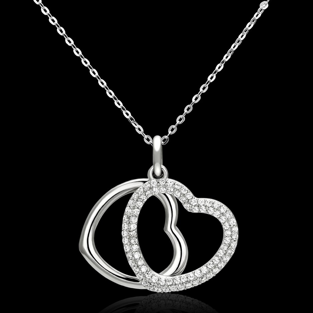 TS128 Rhodium 925 Sterling Silver Necklace featuring AAA Grade Clear CZ stone, showcasing its elegant design and high-quality materials.