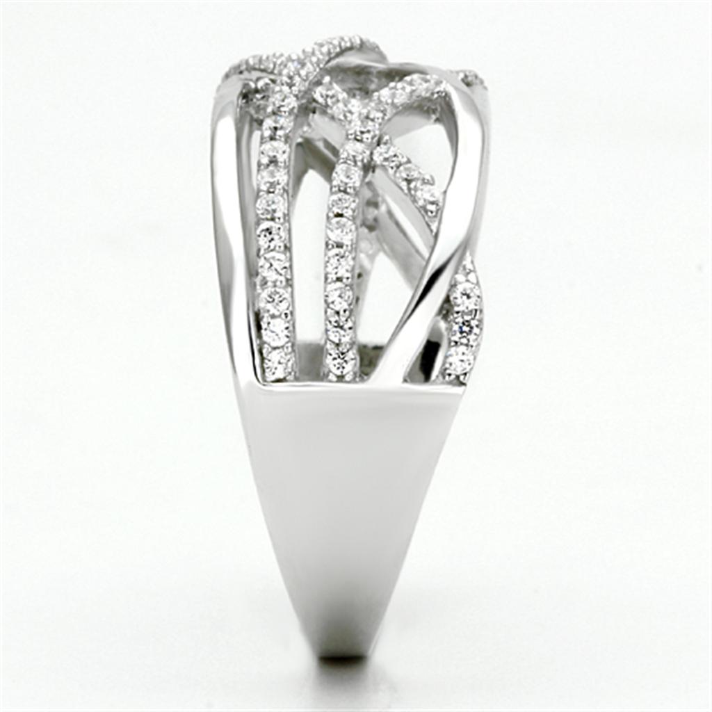 TS134 Rhodium 925 Sterling Silver Ring featuring a clear AAA Grade CZ stone, showcasing its elegant design and high-quality finish.