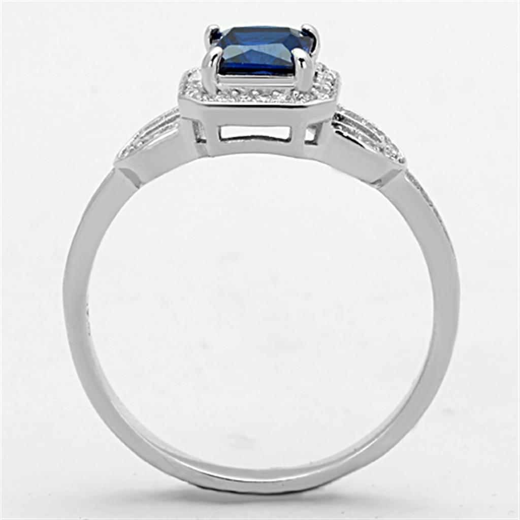 TS138 Rhodium 925 Sterling Silver Ring featuring a London Blue Synthetic Spinel, showcasing its elegant design and shiny finish.