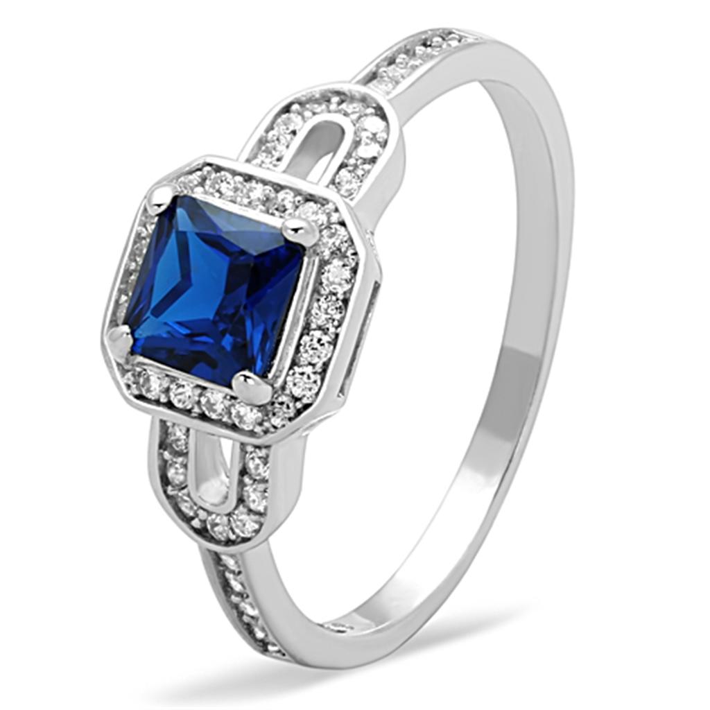 TS138 Rhodium 925 Sterling Silver Ring featuring a London Blue Synthetic Spinel, showcasing its elegant design and shiny finish.