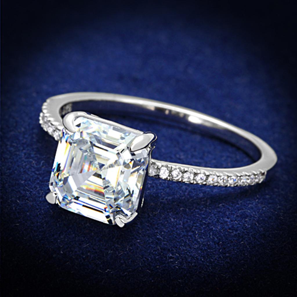 TS155 Rhodium 925 Sterling Silver Ring featuring a clear cubic stone, showcasing its elegant design and shiny finish.