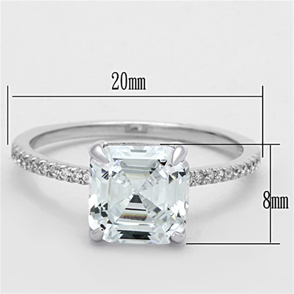 TS155 Rhodium 925 Sterling Silver Ring featuring a clear cubic stone, showcasing its elegant design and shiny finish.