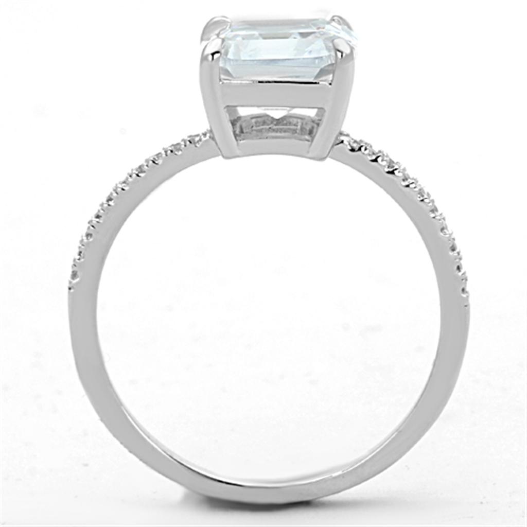 TS155 Rhodium 925 Sterling Silver Ring featuring a clear cubic stone, showcasing its elegant design and shiny finish.