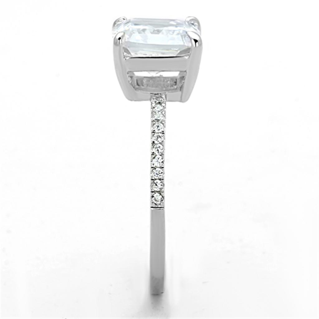 TS155 Rhodium 925 Sterling Silver Ring featuring a clear cubic stone, showcasing its elegant design and shiny finish.