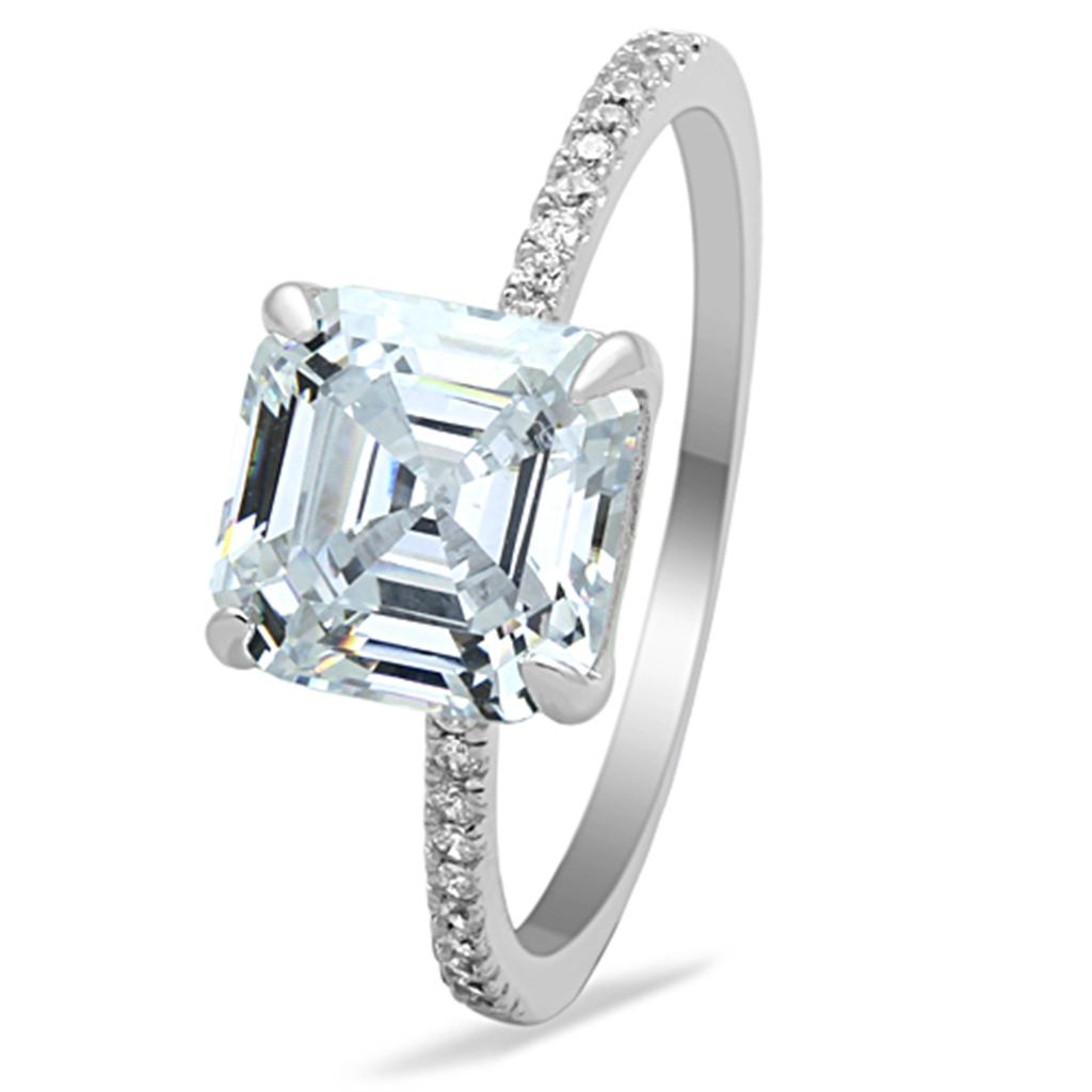 TS155 Rhodium 925 Sterling Silver Ring featuring a clear cubic stone, showcasing its elegant design and shiny finish.