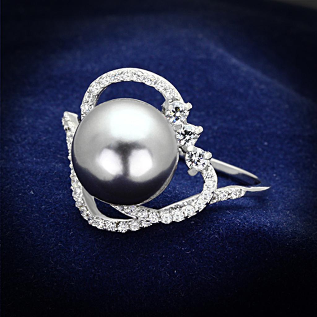 TS153 Rhodium 925 Sterling Silver Ring featuring a gray synthetic pearl, showcasing its elegant design and shiny finish.