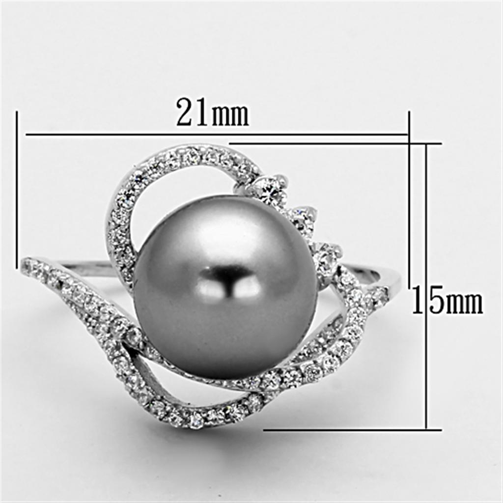 TS153 Rhodium 925 Sterling Silver Ring featuring a gray synthetic pearl, showcasing its elegant design and shiny finish.