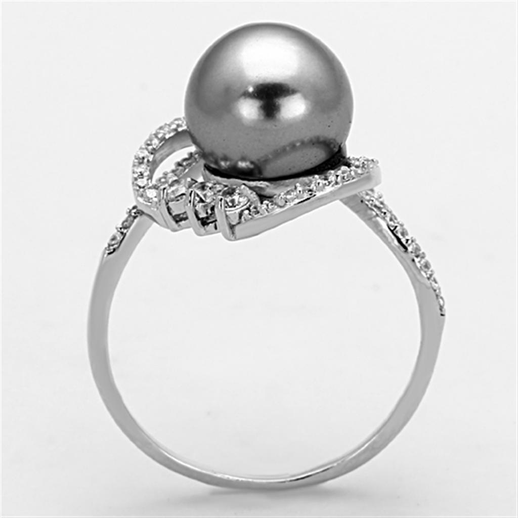 TS153 Rhodium 925 Sterling Silver Ring featuring a gray synthetic pearl, showcasing its elegant design and shiny finish.